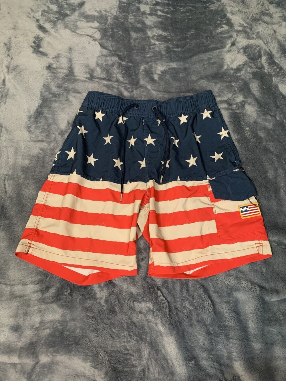 Billabong Board Shorts Mens Large Red Blue American Flag USA Recycle Boardshorts